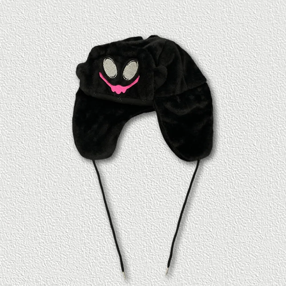 Egirl Goth Furry Plush Earflap Hat Devil Horn Cartoon Weird Grin Face Winter Warm Adjustable Tie Trapper Ushanka Cosplay Street