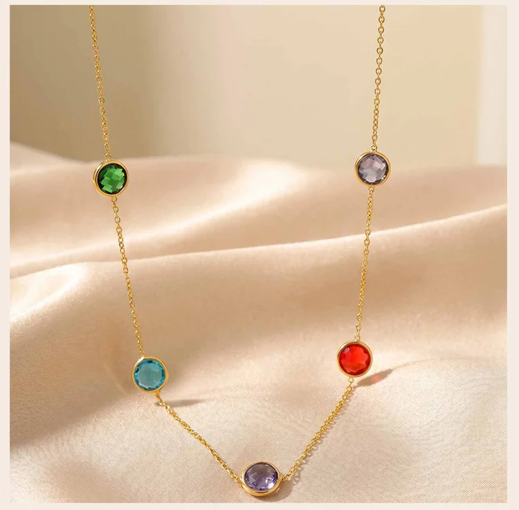 18K Vergoldete Edelstahl Lange Halskette für Frauen, Bunte Runde Naturstein-Perlen Stapelbare Layering-Partyschmuck – Detail 5