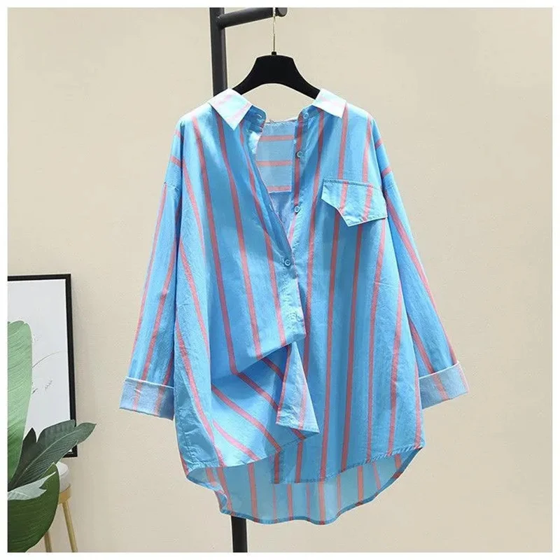 Yellow Striped Shirt Women 2023 Spring Summer Top New Korean Large Size Bat Sleeve Blouse Design Sense Sunscreen Coat Female