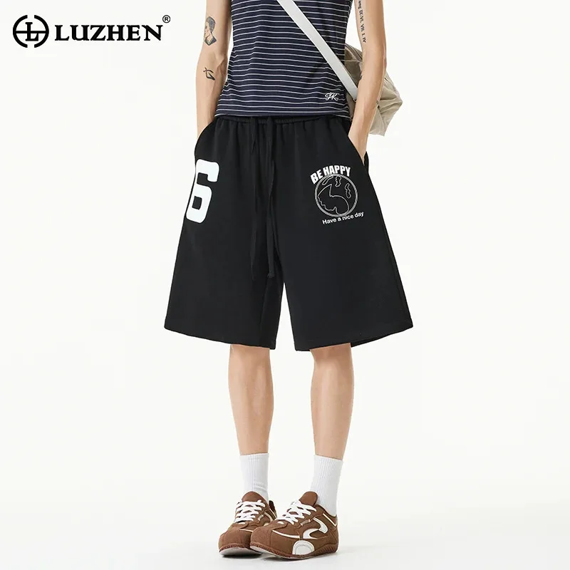 

LUZHEN 2026 Summer Letter Printed Logo Loose Straight Casual Five-pointed Pants Men's Fashion Elastic Waist Male Shorts JY6322