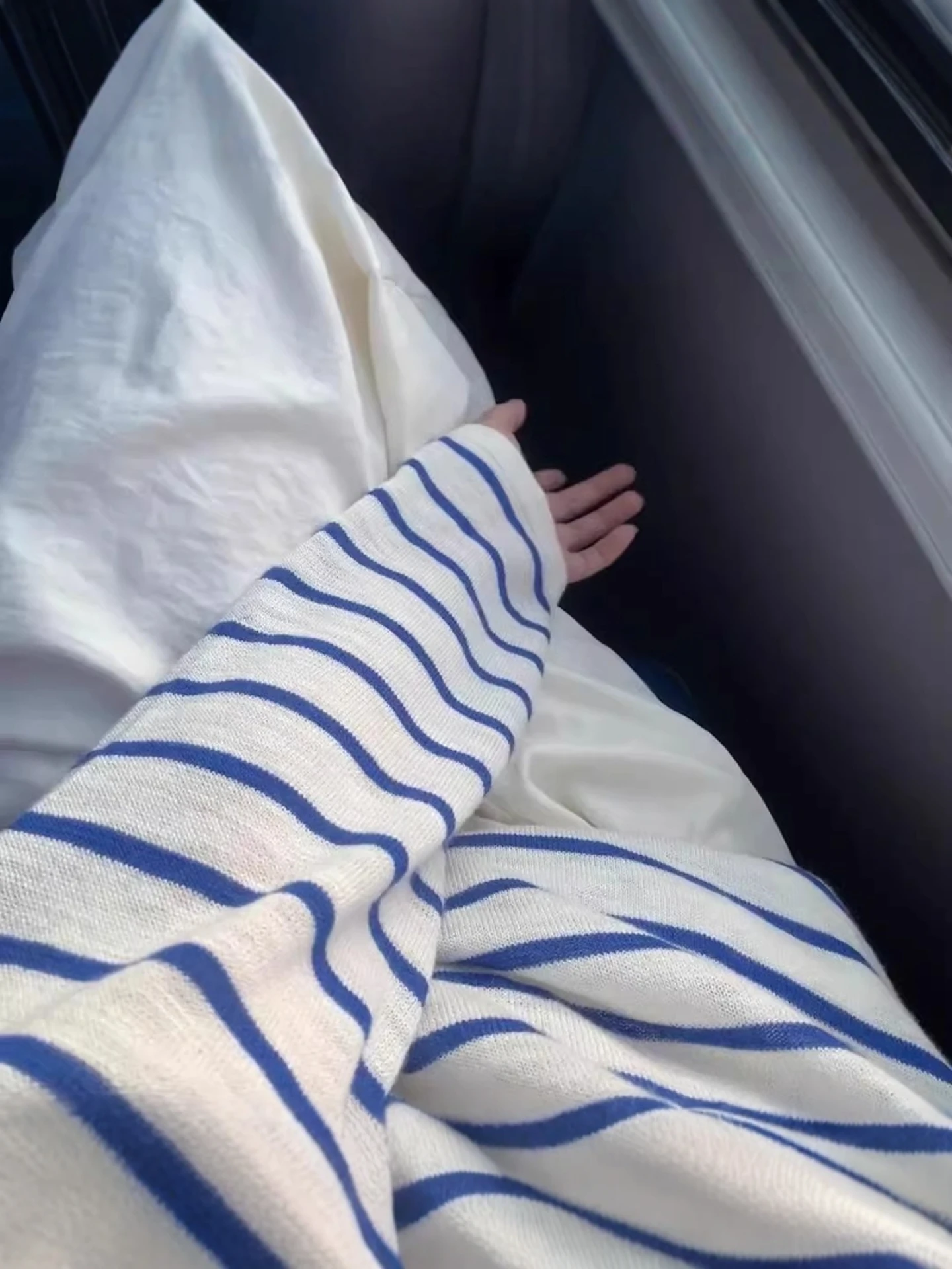 Azul listrado leve respirável camiseta feminina verão solto ar condicionado proteção solar longo sve topo coreano sle