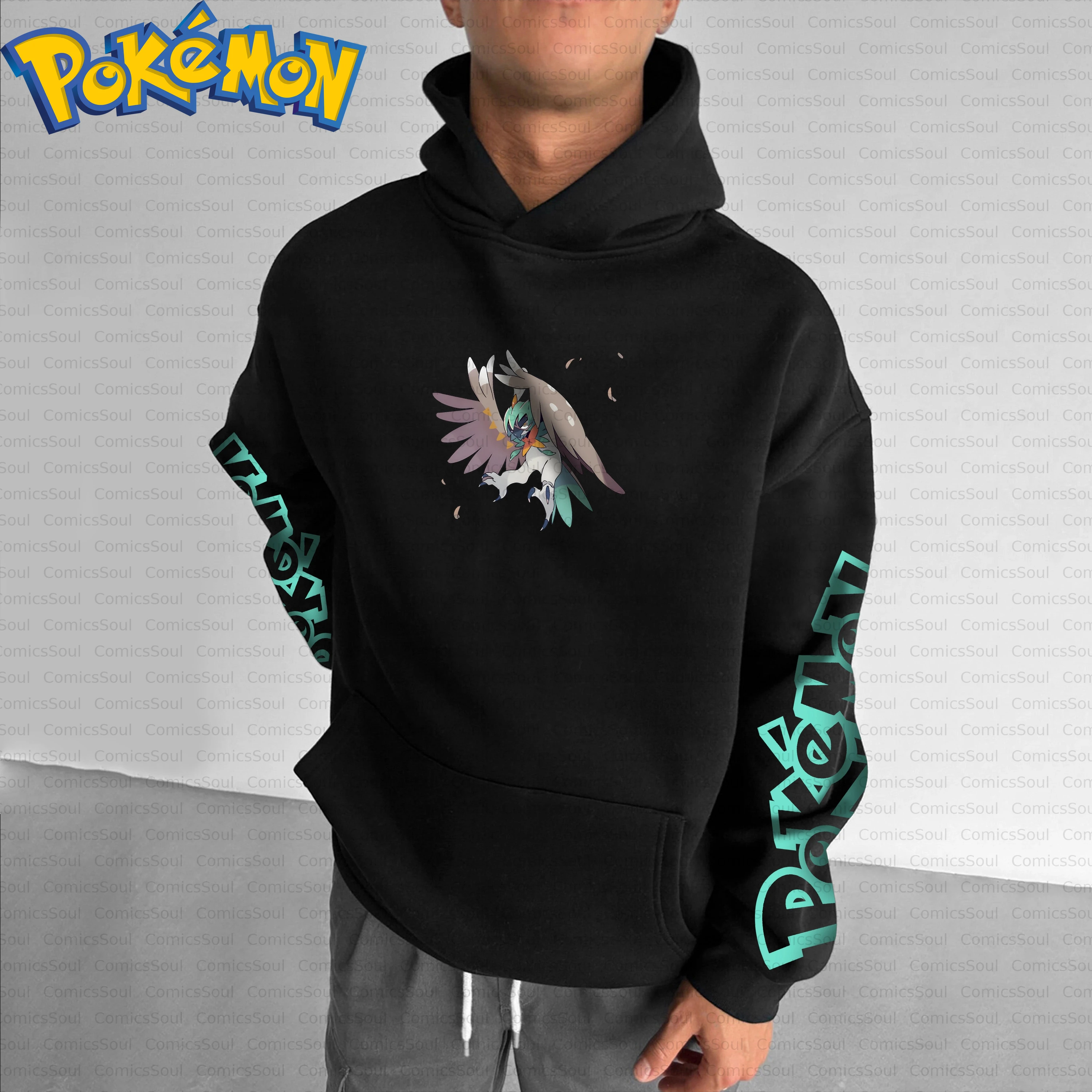 Novo algodão preto pokemon hoodie e calças harajuku conjunto com arco personagem volta impressão verde azul asas design e manga texto