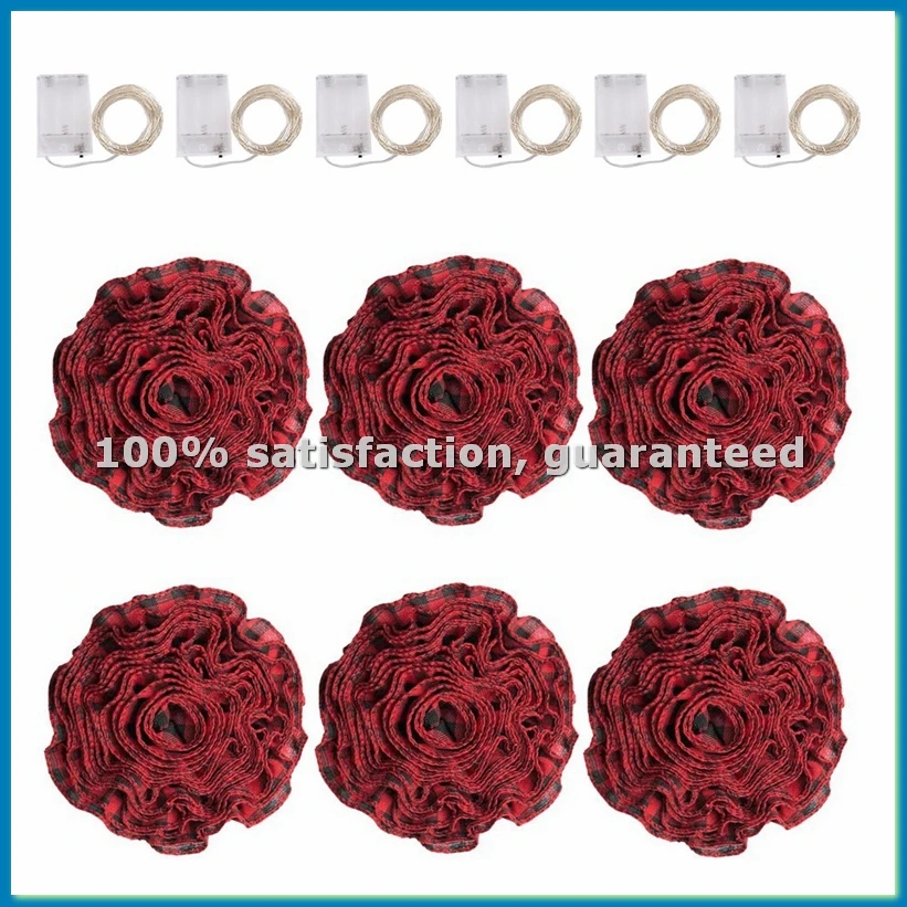 6 Rolls LED Rustic Christmas Tree Garland Ribbon Craft with LED Lights for Christmas Decorations Black&Red-A69M