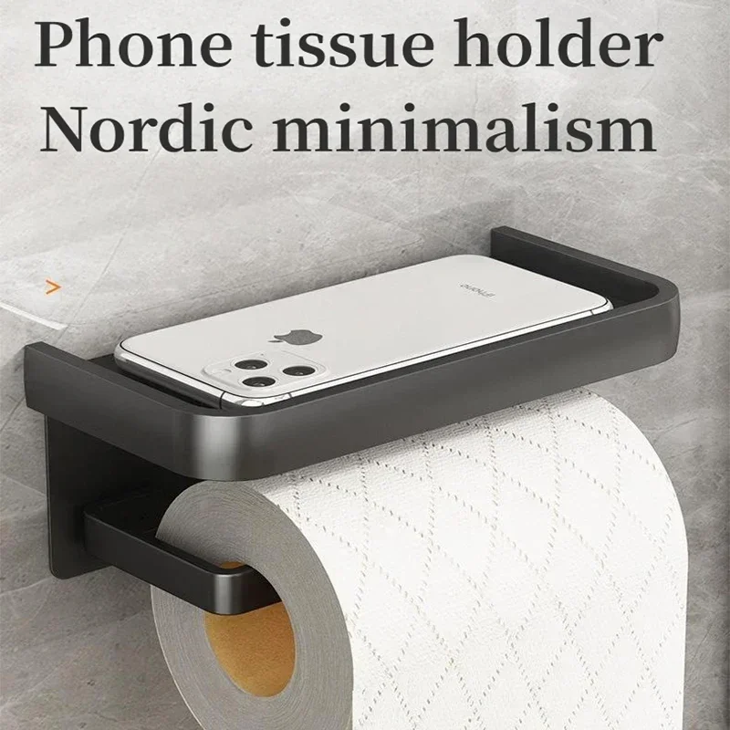 

Aluminum Wall Mounted Toilet Paper Holder No Drill Phone Shelf Rustproof Bathroom Storage Rack Space Saving Organizer Gear