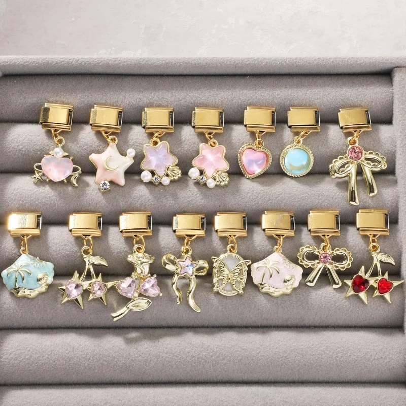 Wholesale Bow Butterfly Moon Cherry Shell Gold Color Pendant Italian Charm Links Fit 9mm Stainless Steel Bracelet DIY Making