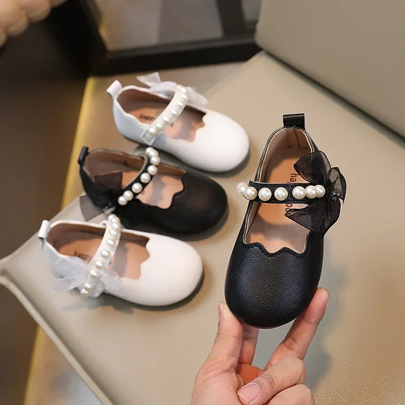 

New Girls Single Princess Shoes Pearl Shallow Children's Flat Kids Baby Bowknot Shoes 2023 Spring Autumn Wedding Party Gift