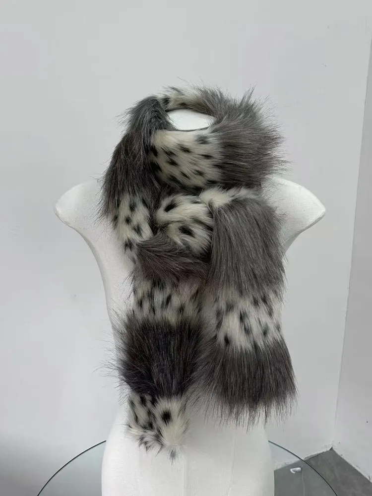 Y2K Striped Patchwork Leopard Scarf Women Slim Faux Fur Muffler Fluffy Long Fur Niche Winter Scarf Eco-Fur Styling Accessory
