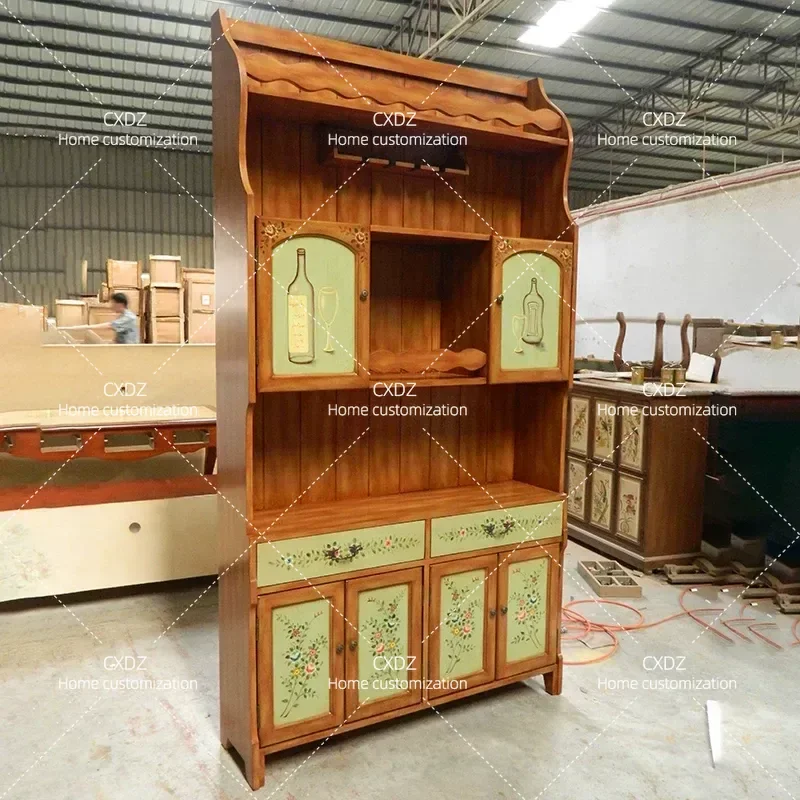 Mediterranean Side Cabinet Rustic Pastoral Painted Furniture Retro Wine Storage Cabinet Entryway Console Table