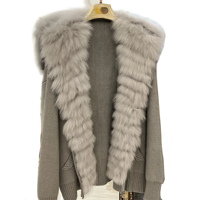 

2022 New Arrival Women Real Fox Fur Knitting OverSize Loose Spring Fox Fur Collar Lady's Fashion Autumn Zipper Sweater Coat