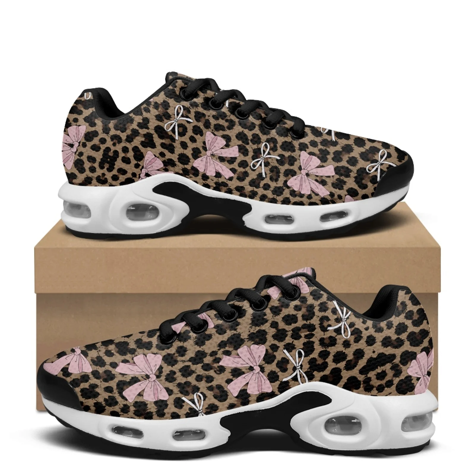 PENSTROLL Leopard Print Bow Air Cushion Sneakers Lightweight Mesh Walking Shoes for Men Soft Sole Shock Absorption Running Shoes