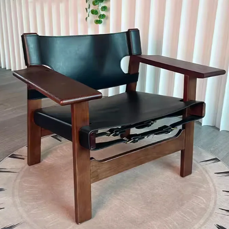 Nordic simple solid wood retro sofa chair single saddle leather modern simple casual back chair