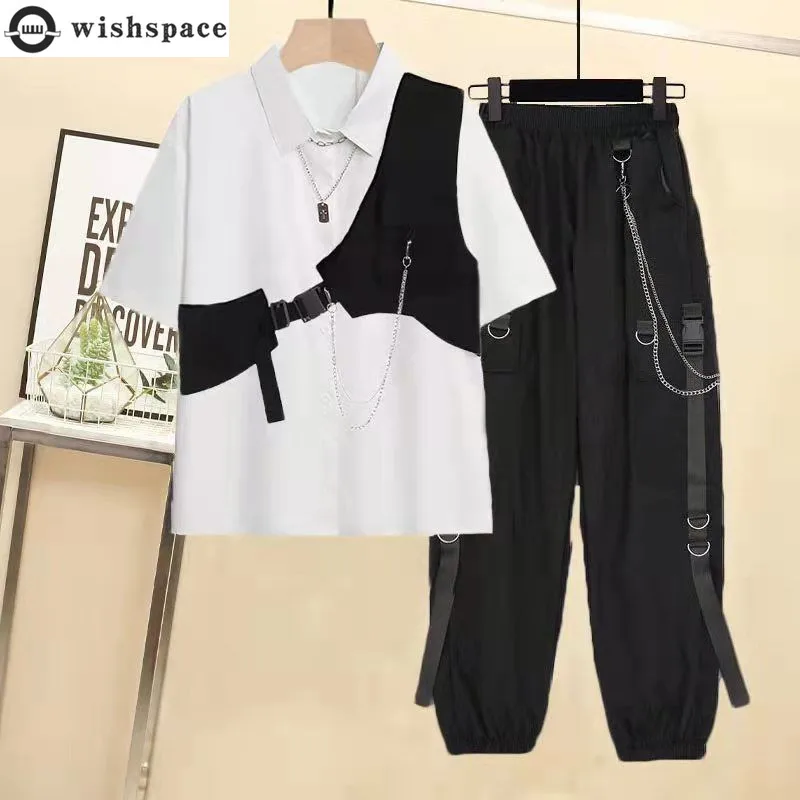 

Spring and Summer Unisex Set Korean Loose Short Sleeved Shirt+sloping Shoulder Vest Work Pants Three Piece Set Trendy