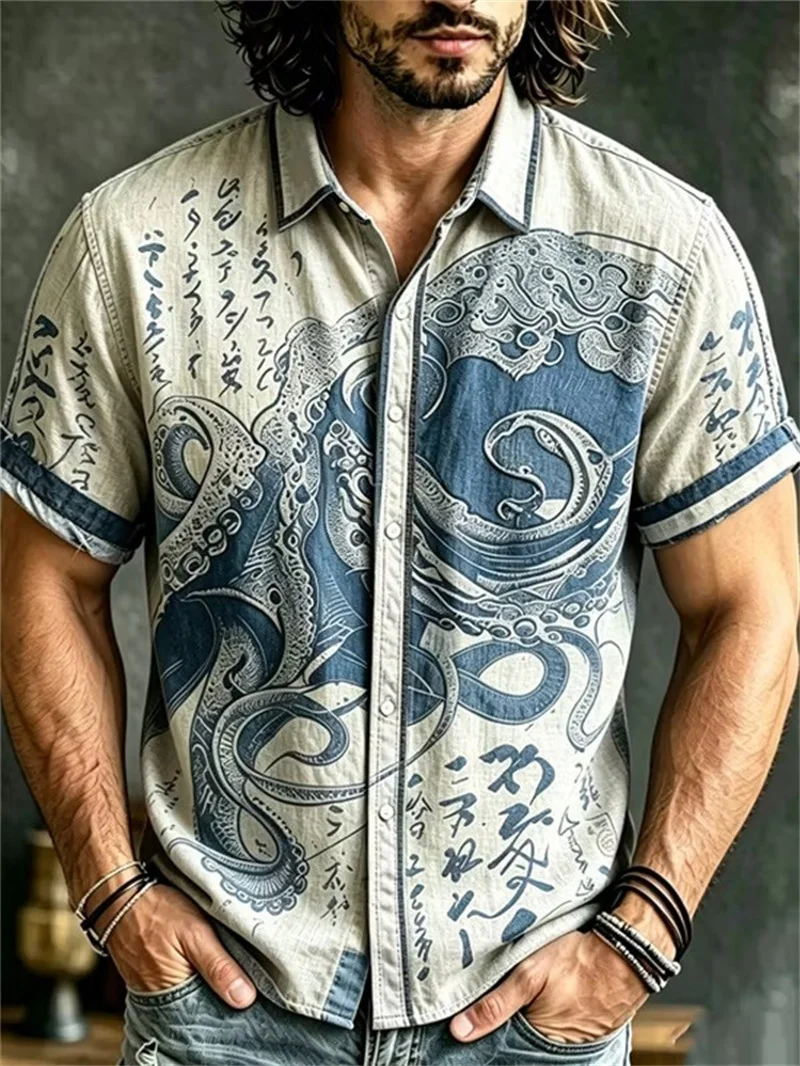 New Japanese style dark warrior motorcycle sketch printed short sleeved shirt street collar casual shirt