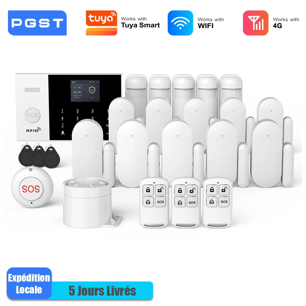 PGST kit sécurité alarme anti intrusion WiFi 4G Works with Tuya Smart Life système sans fil connecté pour maison commerce surveillance mobile installation rapide protection 24h sur 24