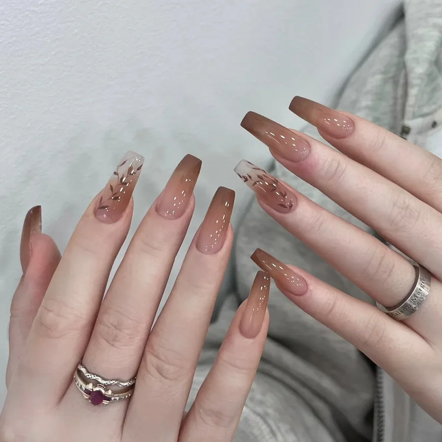 

24pcs Autumn Winter Brown False Nails Set Long Ballet Stick-on Nails with Design Nail Tips Gradient Press on Nails with Glue