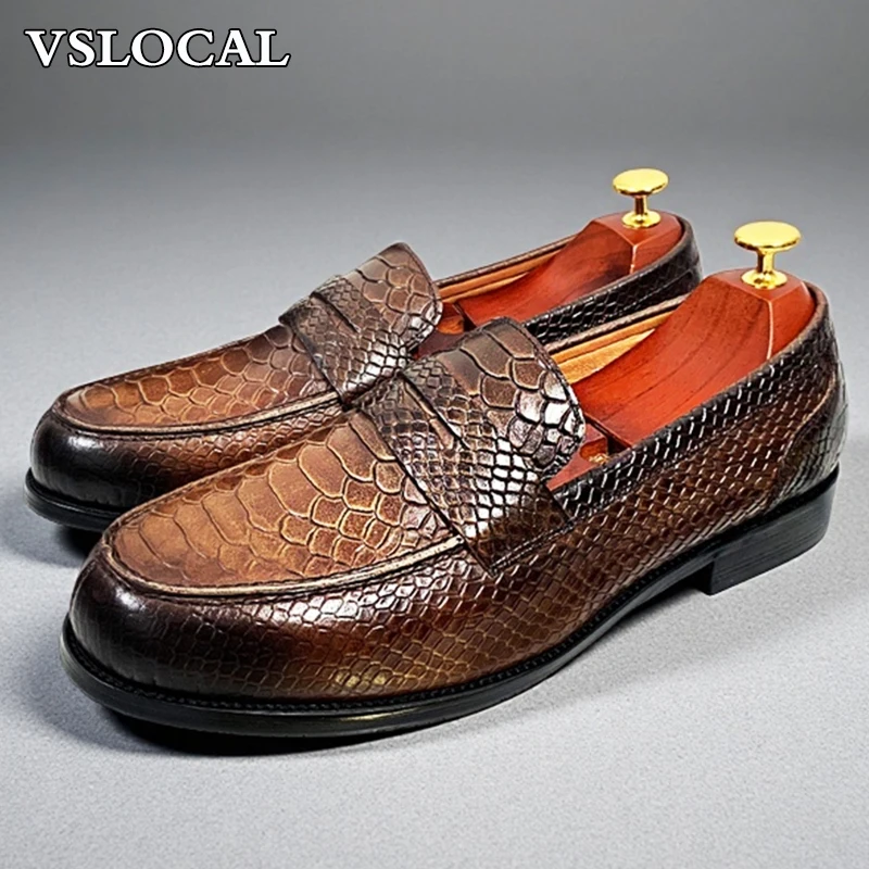 

Elegant Men's Loafers Shoes Black Brown Snake Prints Casual Mens Dress Shoes Wedding Office Genuine Leather Loafers Men