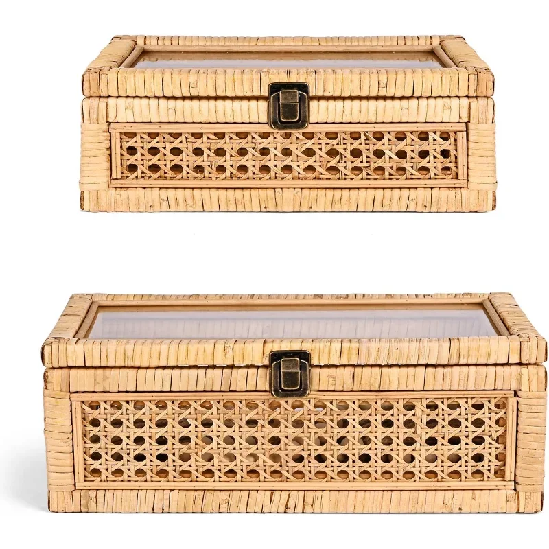 

Rattan Decorative Box with Lid, Rectangular Woven with Glass for Display, Set of 2 Wicker for Decor