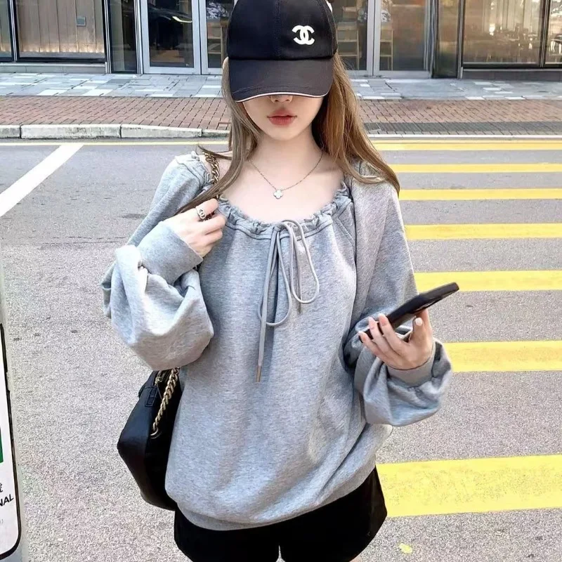 

Korean Loose Casual Tops Binding Design A Collar Long-sleeved Hoodie Women Solid Color Sweatshirt Fashion Hottie Street Clothes