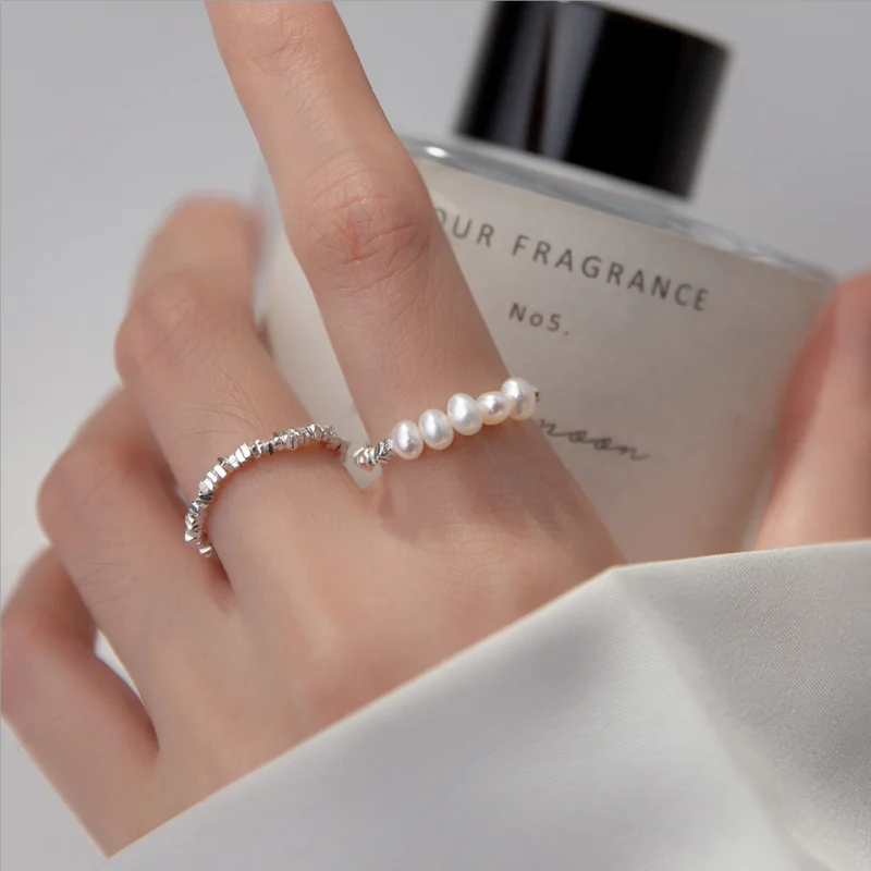 Fashion Simple White Pearl Elliptic Shape 4-5mm 925 Sterling Silver Rings Elastic Cord Size 53-58mm For Women Girls Jewelry Gift