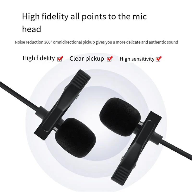 ميكروفون Lavalier للهاتف الخلوي، بطاقة صوت فيديو حية، كاميرا تسجيل مقابلة، ميكروفون للحد من الضوضاء، صناعة متقنة E