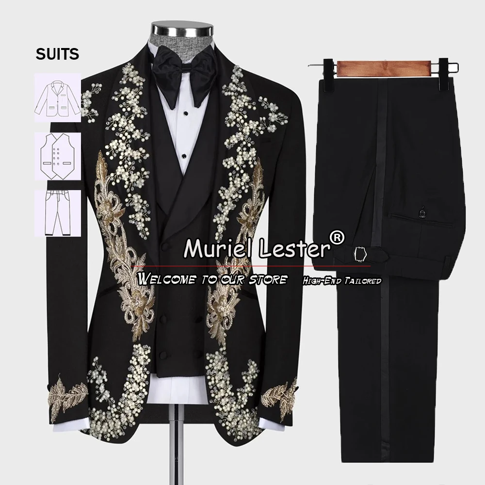 

Black Suits For Men Wedding Appliques Beading Blazer Plus Size 3 Pieces Groom Wear Man Tuxedos Tailor-Made Banquet Party Dress