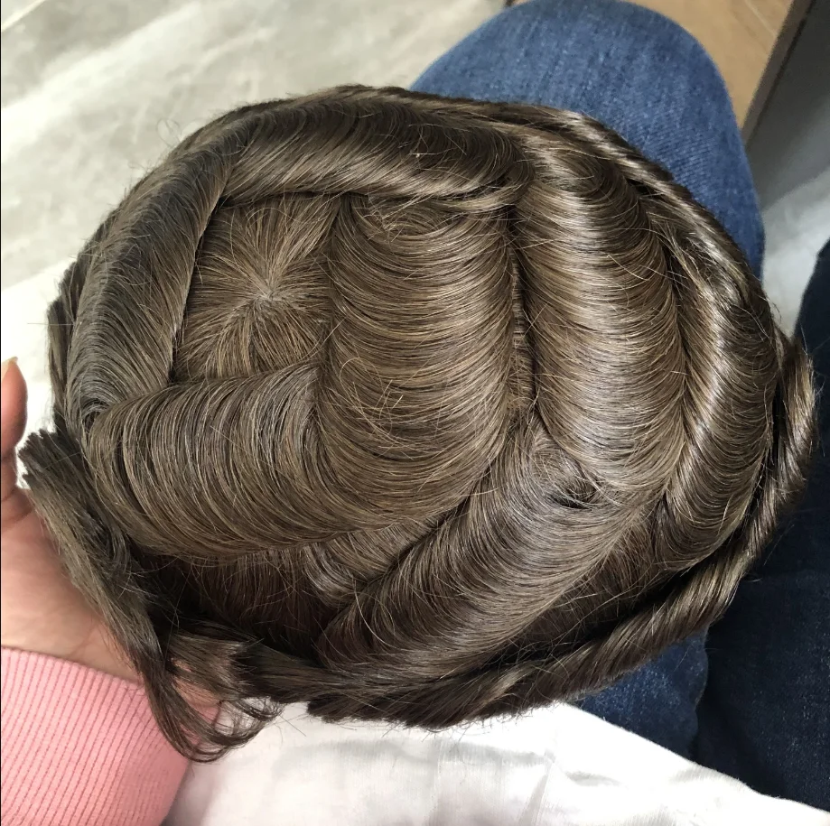 6 # الكستناء البني الشعر المستعار للرجال الشعر البشري الهندي الرجال الشعرية الاصطناعية رمادي شعر مستعار أسود Male0.1mm سمك الجلد شعر مستعار بولي PU