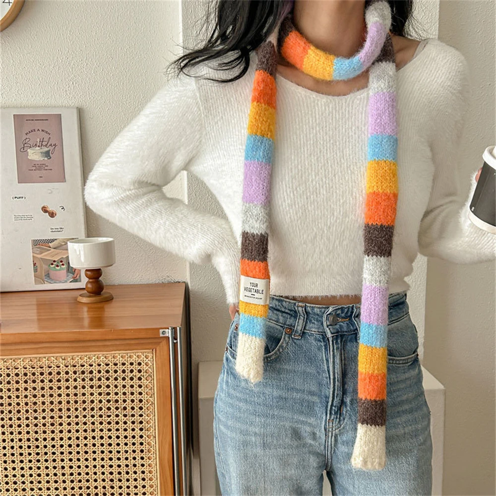 Women Rainbow Stripe Knitted Scarf Patchwork Clashing Colors Long Soft Scarves Female Winter Premium Feeling Weenie Scarf Shawl