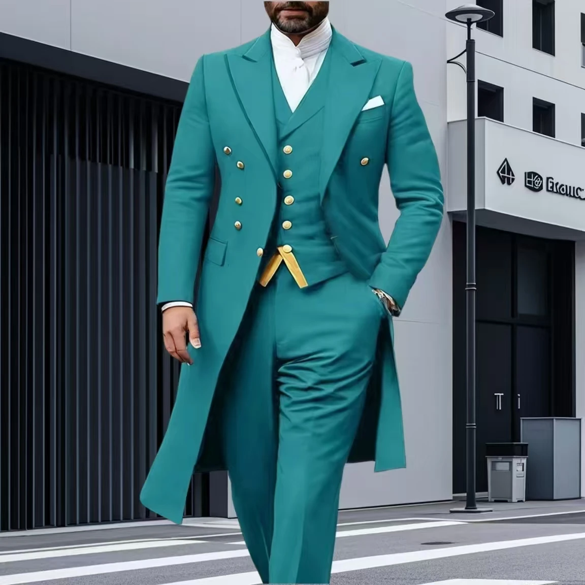 

Men's Turquoise Tuxedo Suits 3-Piece Set with Blazer Vest Pants Elegant Long Formal Wear for Special Occasions