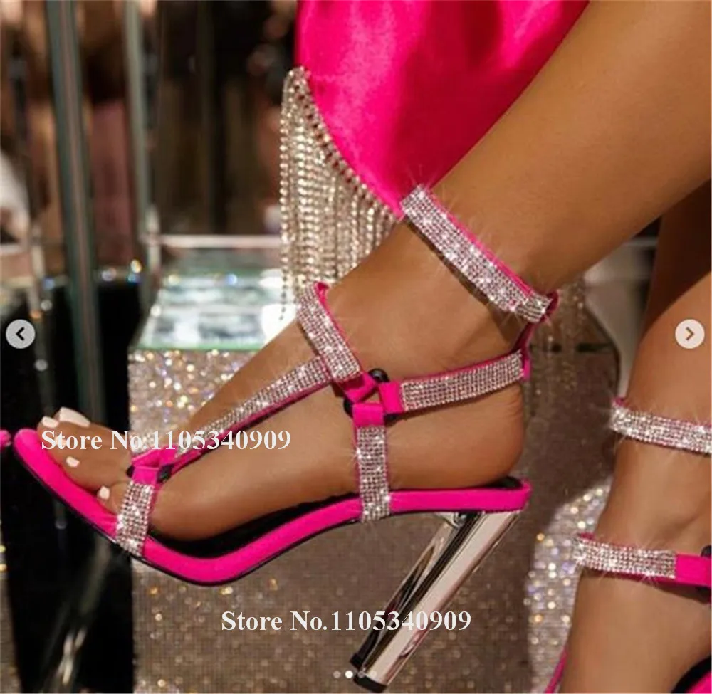 

Bondarenko Bling Bling Rhinestones Patchwork Chunky Heel Sandals Open Toe Pink Blue Straps Cross Thick Heel Dance Shoes