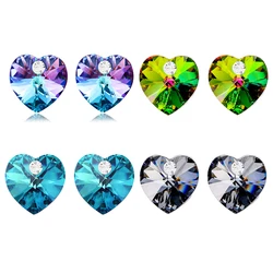 Silver Color Heart Stud Earrings Genuine Crystals From Austria Piercing For Women Chic Colorful Beads Jewelry 10mm