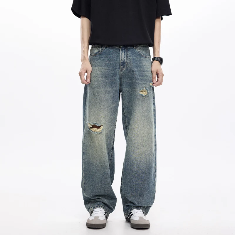 

Wide Leg Jeans Men Baggy Pants Loose Straight Hip Hop Distressed Ripped Male Denim Pants Hollow Out Vintage Men's Trousers
