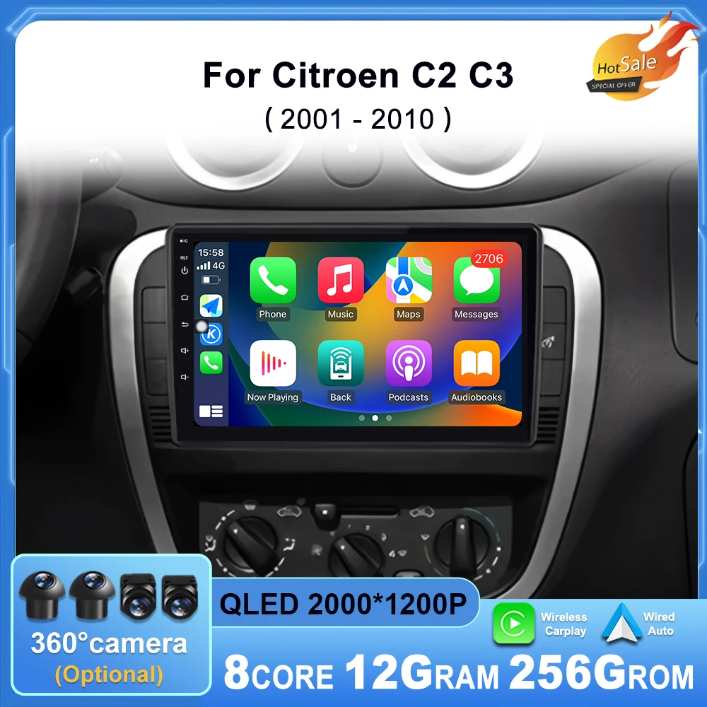 Für Citroen C2 C3 2001 2002 2003-2010 Auto Multimedia Player Android14 GPS Navigation Auto Werkzeuge DSP Stereo CarPlay QLED Bildschirm