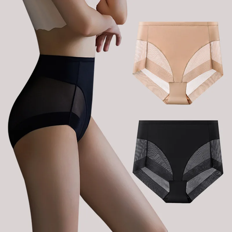 Ice Silk Women Panties Transparent Underwear Mesh Gauze Corset Waist Slimming Black Briefs Female Trainer Shaping Underpants2024