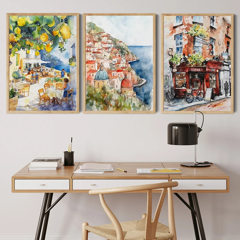 Paris Rome Santorini Coastal City Architecture landscape Watercolor Art Poster Canvas Paintings Wall Art Pictures Home Decor
