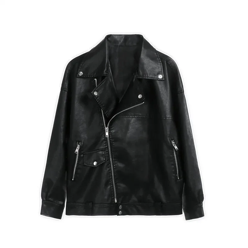 Damen-Jacke mit langen Ärmeln, dickes PU-Leder, schwarze Farbe, lockere Passform, schlankmachendes Oberteil, vielseitig einsetzbar für den Winter, lässig, modisch, elegant