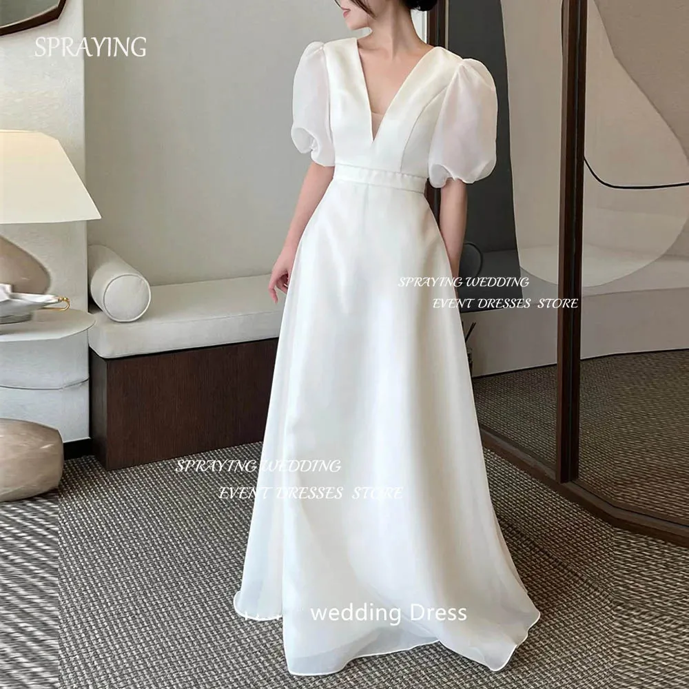 

SPRAYING Simple Korea V Neck Wedding Dress Photo Shoot Short Sleeve Sweep Train Satin Bridal Gown Women Garden Robe De Mariage