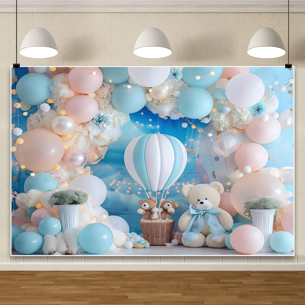 الأزرق منطاد الهواء الساخن عيد ميلاد خلفية طائرة بالون قوس تيدي بير استحمام الطفل التصوير خلفية صور استوديو الدعائم
