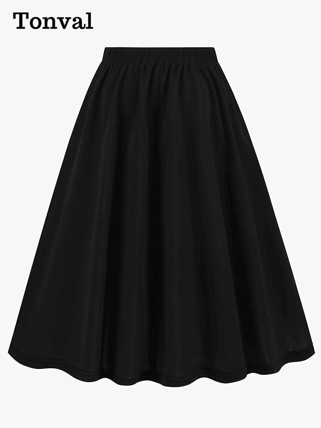 Tonval Buttons Front High Waist Black A-Line Skirts for Women Elastic Waist Vintage Style Midi Swing Skirt 2025