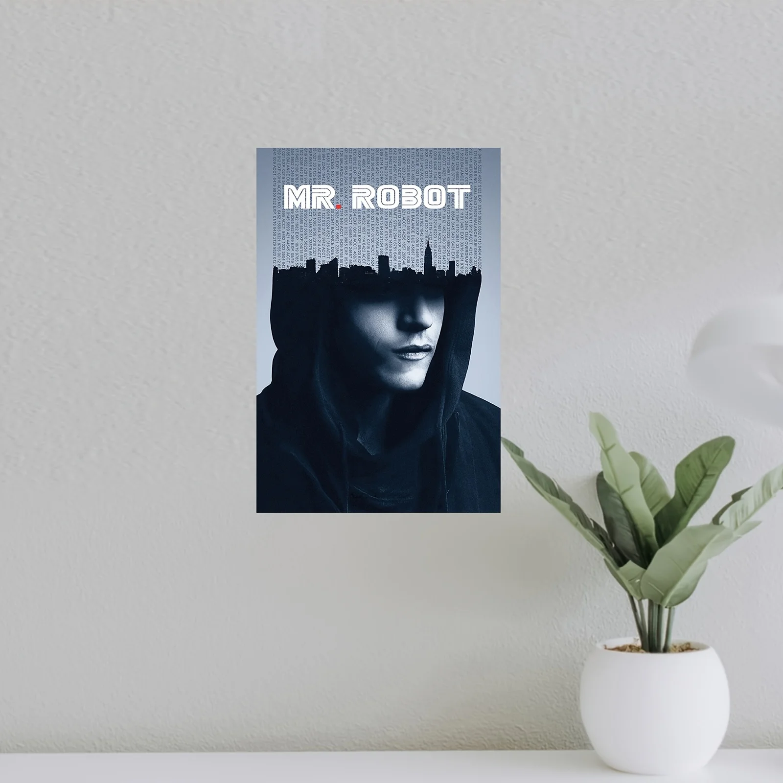 Cyberpunk Hacker Wall Art Poster – Dark Hooded Figure with Binary Code & Cityscape, Frameless Tech Canvas Decor