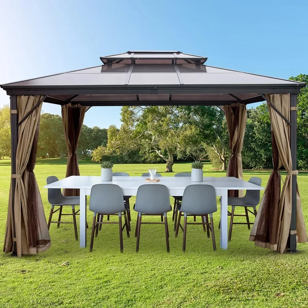 

Patio Gazebo, 10’ x 10’ Outdoor Gazebo Canopy, Patio Canopy w/Double PVC Plastic Roof, Aluminum Frame with Curtains