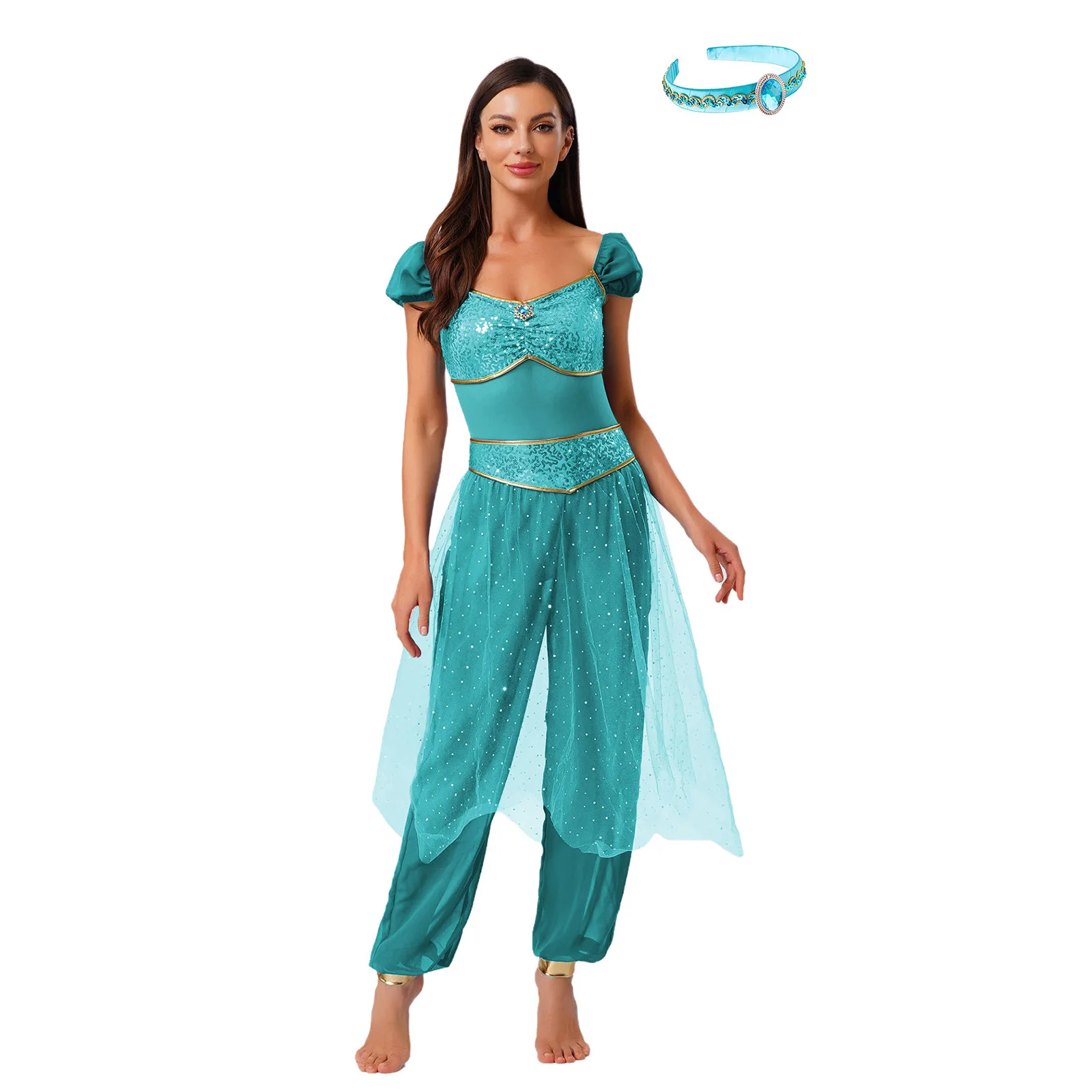 

Women Arab Princess Cosplay Belly Dance Jumpsuit with Headwear And Sleeves Gem Decor Tulle Overlay Rompers Halloween Costume