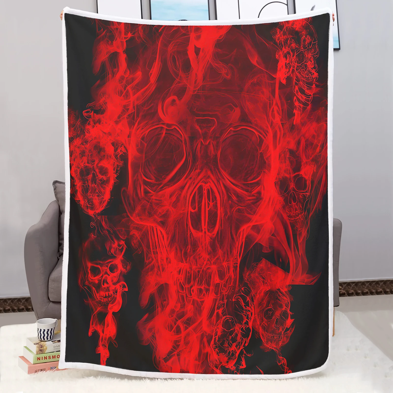 Black 3D Skull Sherpa Blanket, Gothic Dark Skeleton Throw Blanket, Cool Print Soft Flannel Blanket for All Seasons