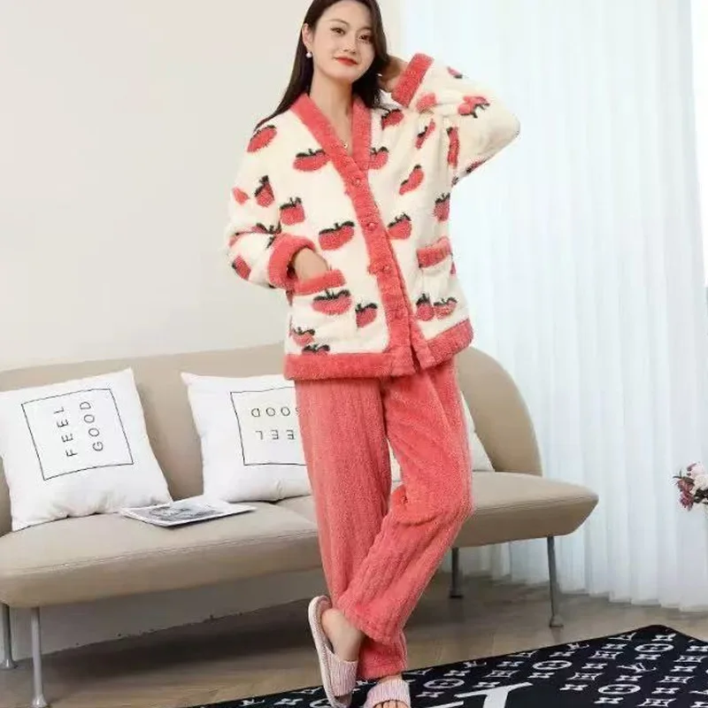 Autumn and Winter Thickened Velvet Warm Pajamas Female Students Cute Loose Home Set