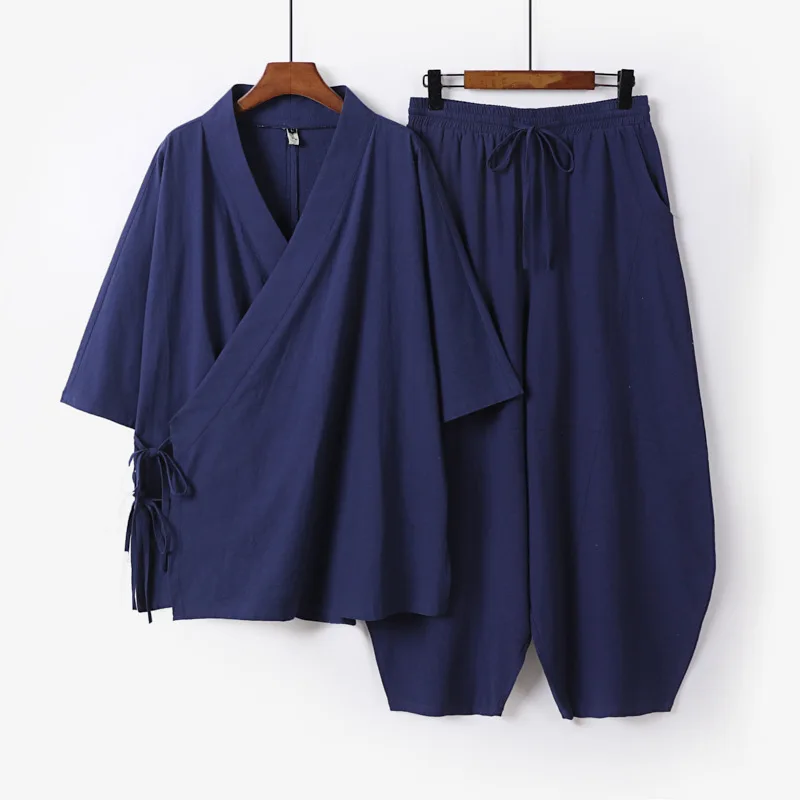 Plus Größe 3XL-9XL Männer Japanische Kimono Strickjacke Hosen Set Baumwolle Leinen Yukata Haori Samurai Kostüm Harajuku Lose Jacke Anzug
