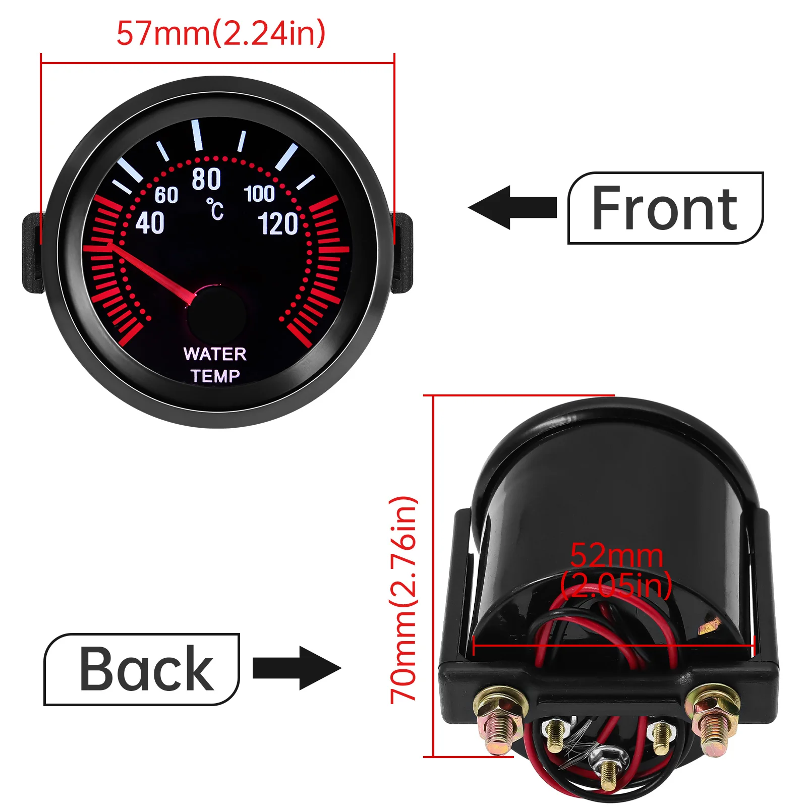 52mm Pointer Water Temperature Gauge 40-120 Celsius With Sensor 1/8NPT White Backight Smoke Len Water Temp Meter For Gasoline