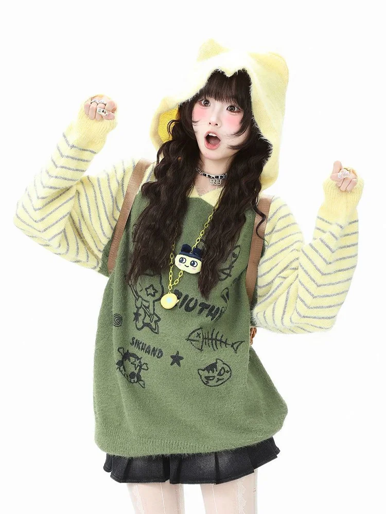 

Japan Sweet Kawaii Cartoon Sweaters Women Vintage Long Sleeve Cute Knitted Jumper Casual Preppy Style Retro Hooded Tops Pullover
