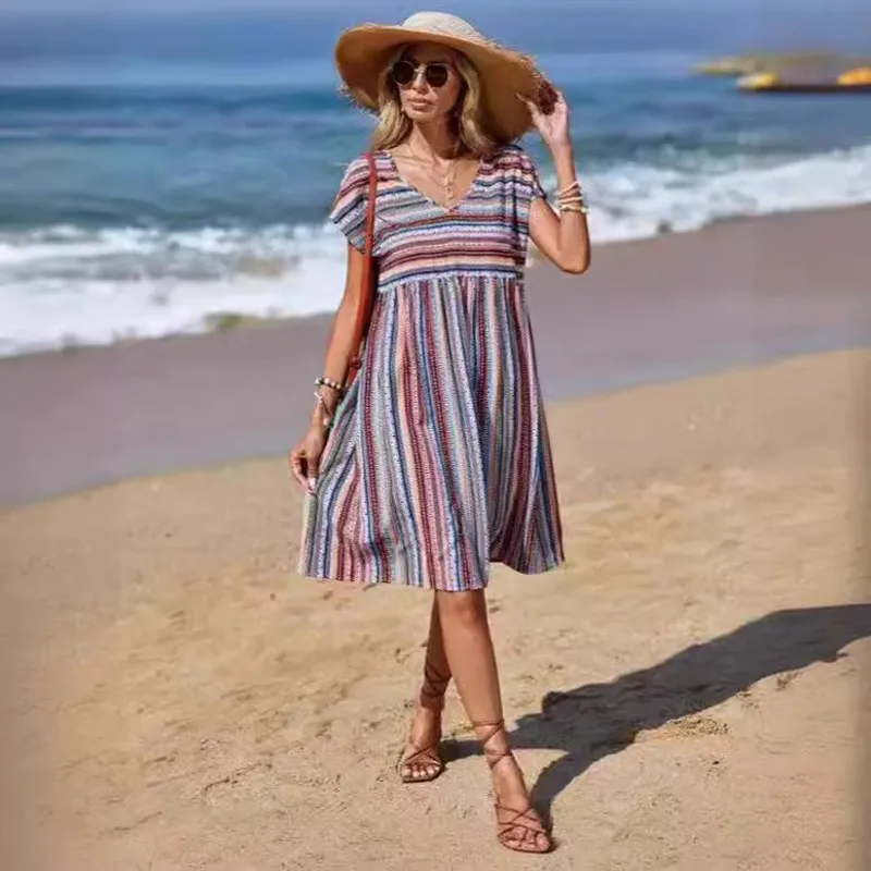 

2024 Women's New Summer New Europe and The United States Foreign Trade Cross-border Colorful Striped Bat Sleeve Fashion Dresses