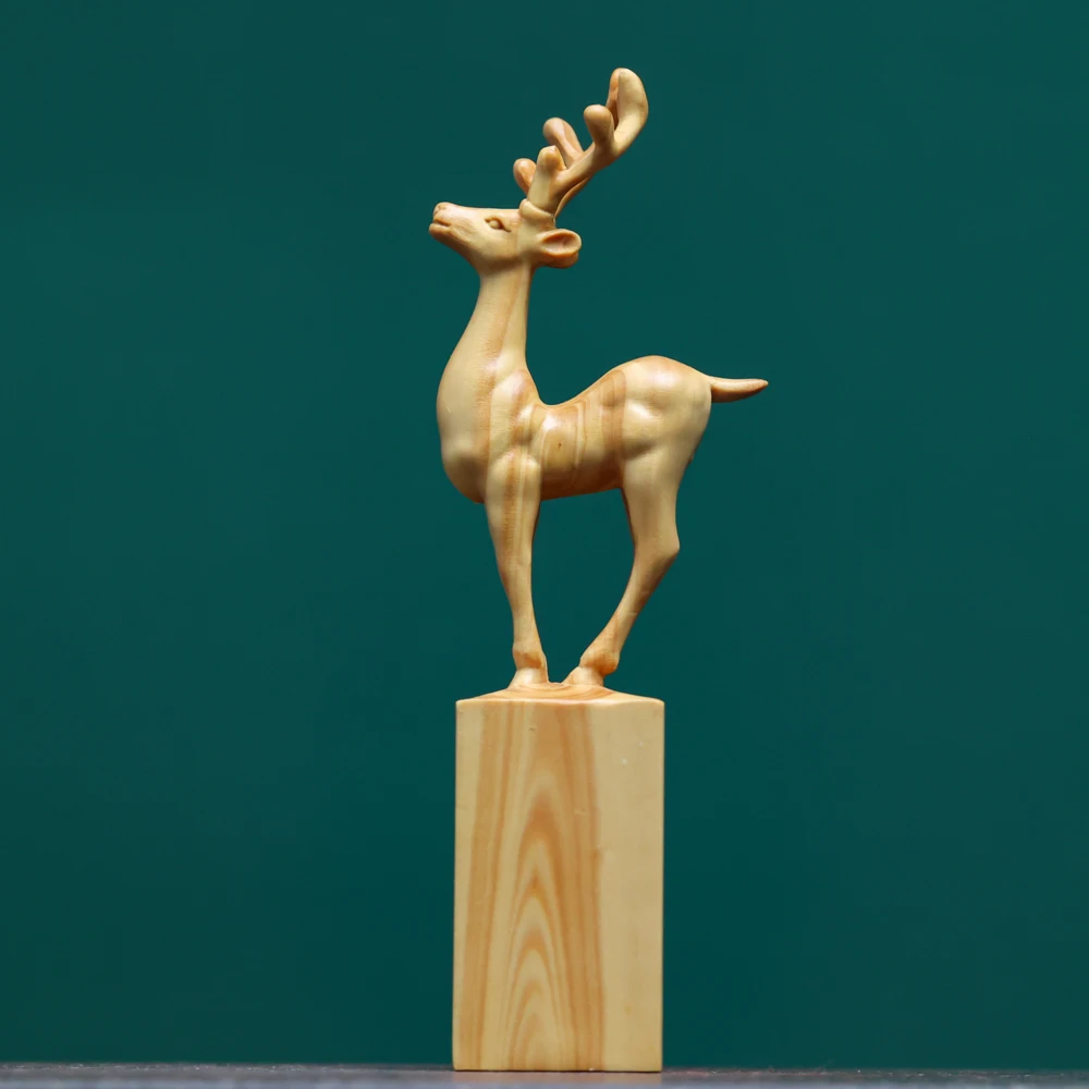 

Boxwood Carved Deer Statue "High Official & Generous Salary" - Auspicious Animal Figurine with Seal Base