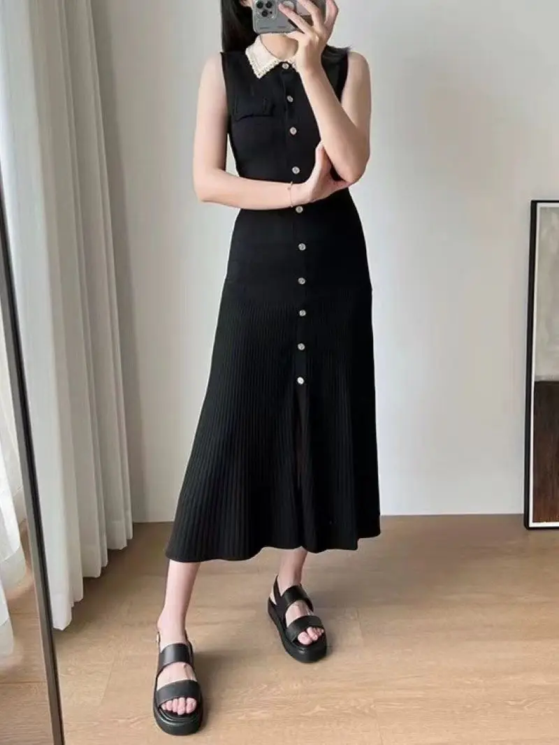 

Women Plaid Robe Color Contrast Turn-down Collar Sleeveless Single Breasted Elegant Knitted Midi Dress