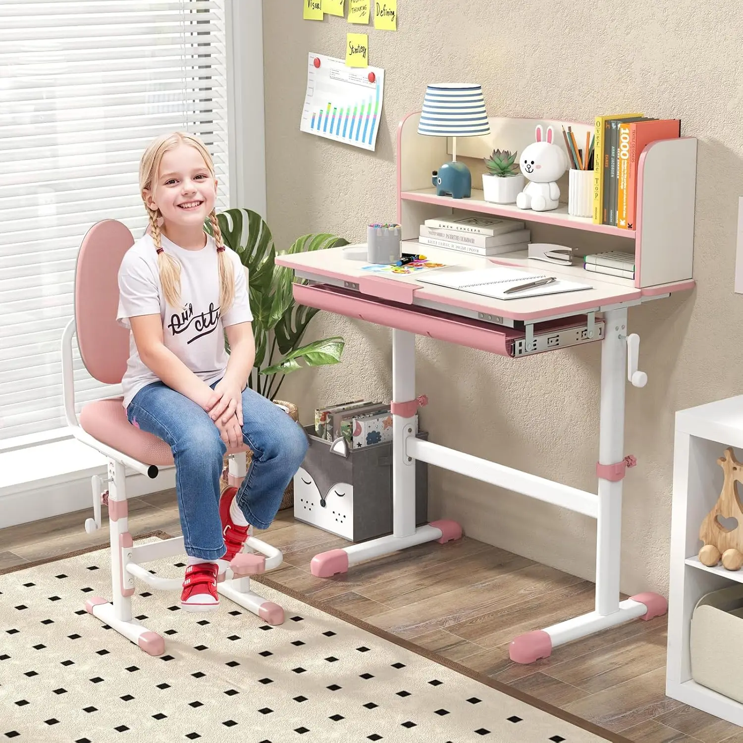 Altura ajustável Desk and Chair Set for Kids, Escola Estudo Tabela, com Tilt Desktop, gaveta de armazenamento, Hutch, Stude